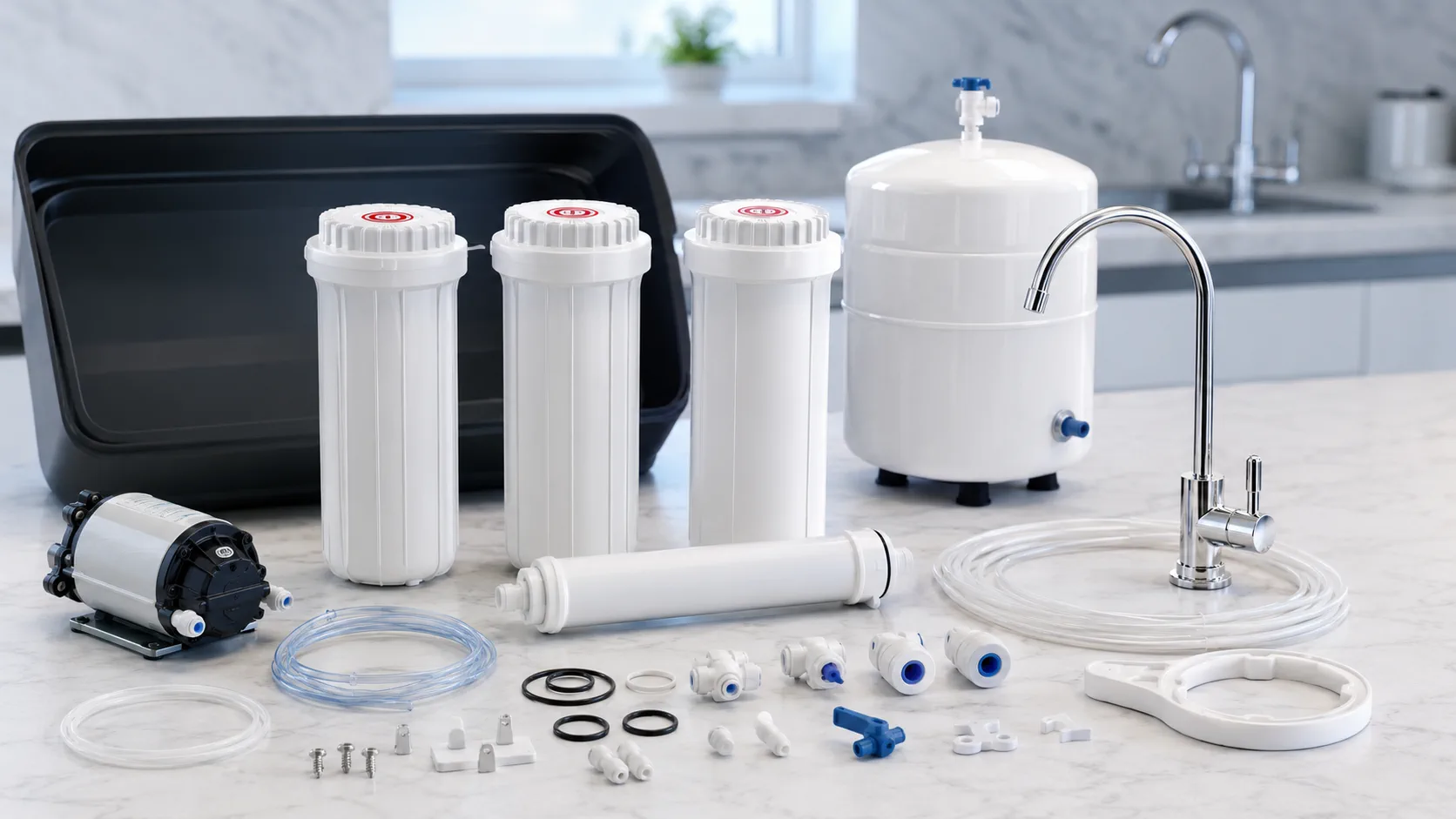 Zubehör- und Ersatzteil-Set: Filter, Membran, Pumpe, Druckbehälter, Wasserhahn, Schläuche und Fittings